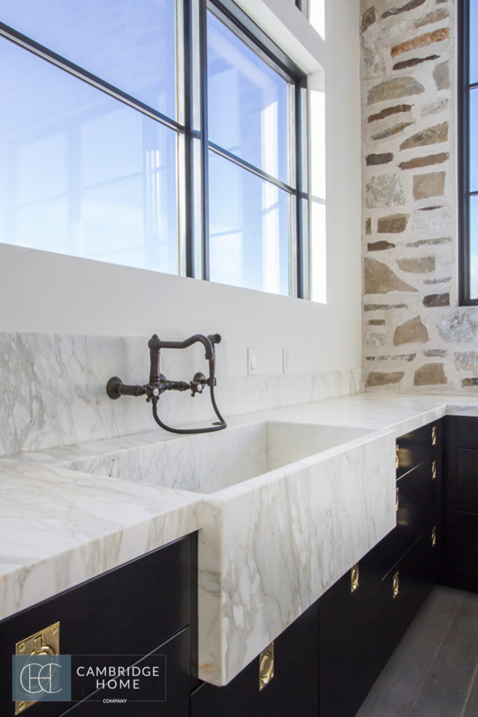 marble sink in industrial farmhouse kitchen